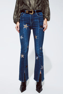 Flared Jeans With Shiny Stars Detail in Blue - Universo Shop