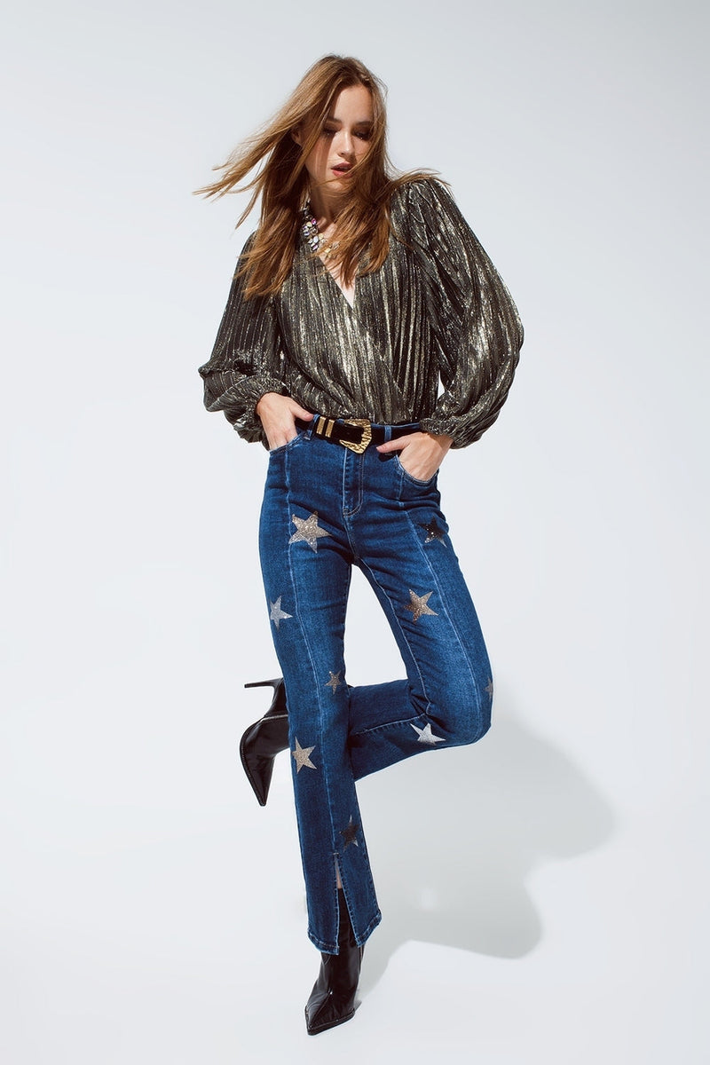 Flared Jeans With Shiny Stars Detail in Blue - Universo Shop