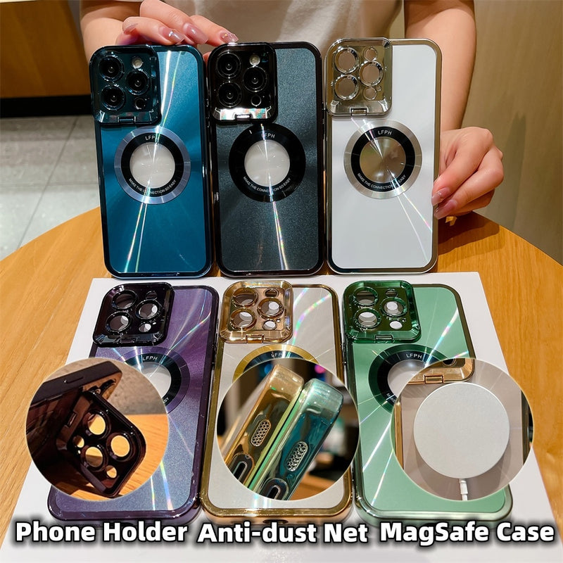 Electroplated Phone Case Luxury Plating CD Pattern Magsafe Bracket Case For  12 13 14 Pro Max Invisible Camera Stand Holder Lens Holder Magnetic Suction - Universo Shop