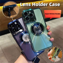 Electroplated Phone Case Luxury Plating CD Pattern Magsafe Bracket Case For  12 13 14 Pro Max Invisible Camera Stand Holder Lens Holder Magnetic Suction - Universo Shop