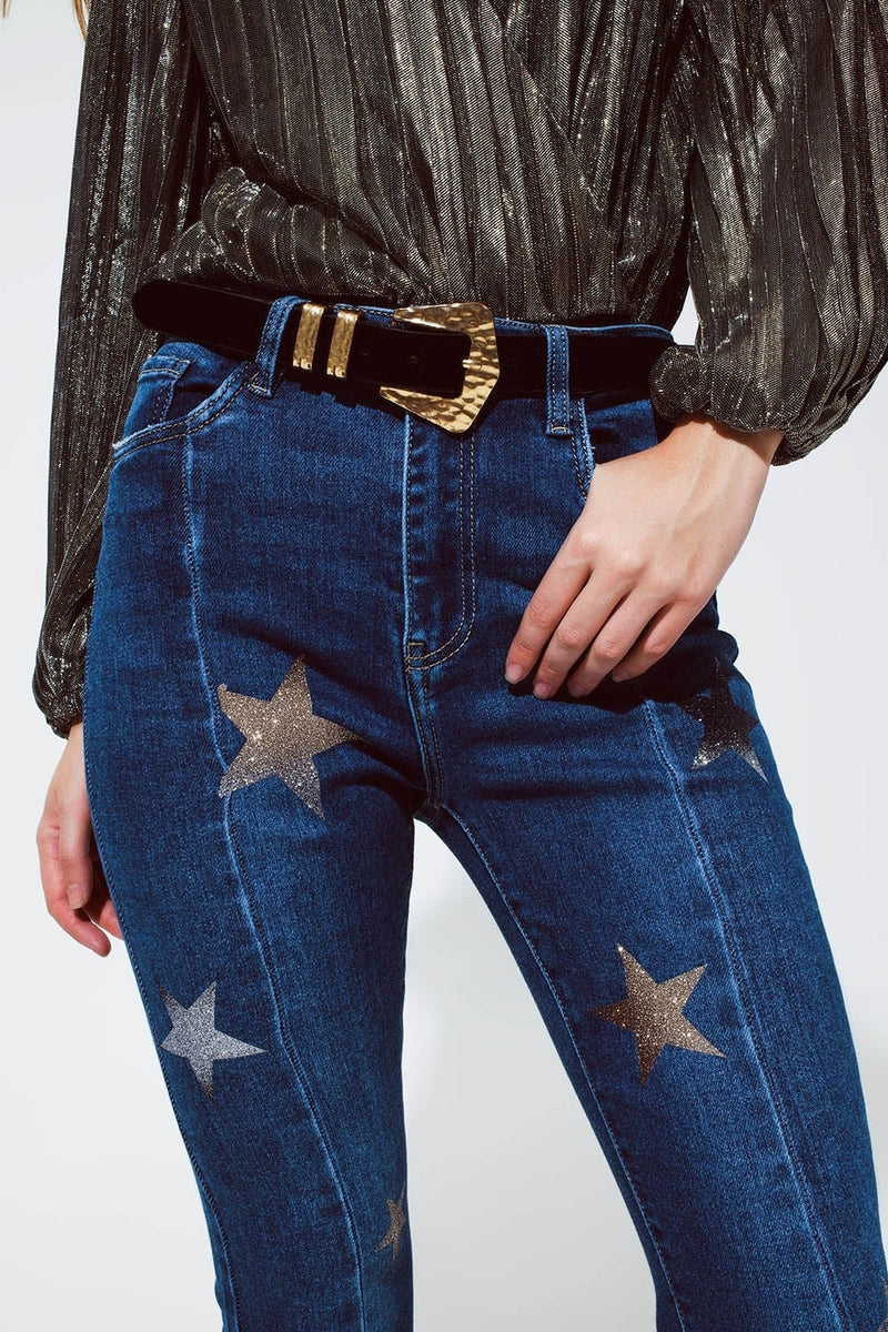 Flared Jeans With Shiny Stars Detail in Blue - Universo Shop