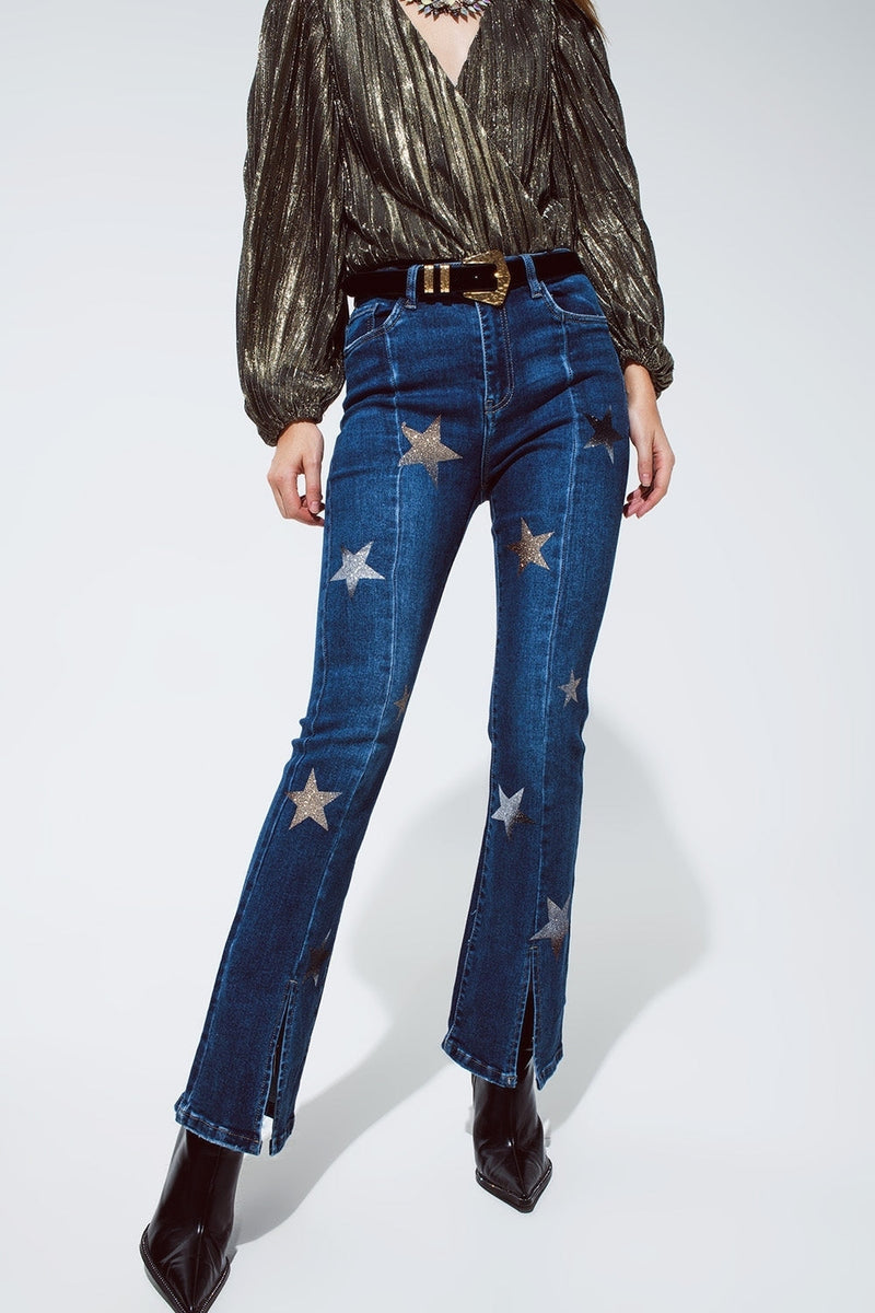 Flared Jeans With Shiny Stars Detail in Blue - Universo Shop