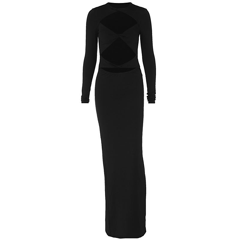 Hollow Solid Color Long Sleeve Slim Fit Sexy Dress - Universo Shop